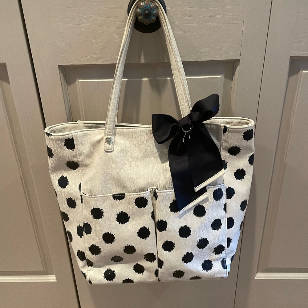 Betsey Johnson White Tote with Black Polka Dots and Black Bow Accent